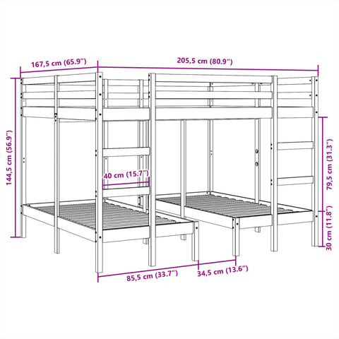 vidaXL Triple Bunk Bed Frame White 160x200/80x160 cm Solid Wood Pine