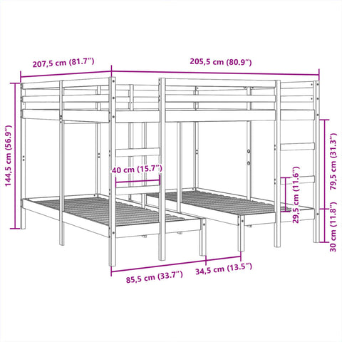 vidaXL Triple Bunk Bed Frame 200x200/80x200 cm Solid Wood Pine