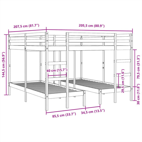 vidaXL Triple Bunk Bed Frame White 200x200/80x200 cm Solid Wood Pine