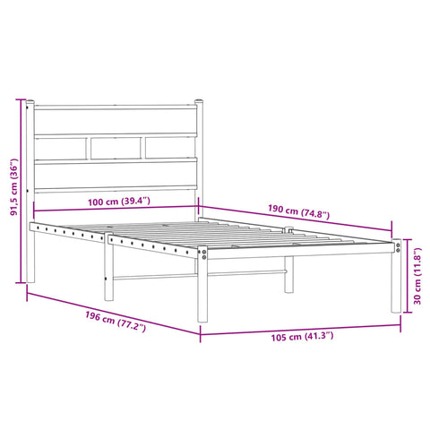 vidaXL Metal Bed Frame without Mattress Smoked Oak 100x190 cm