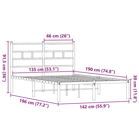 vidaXL Metal Bed Frame without Mattress Smoked Oak 135x190 cm Double