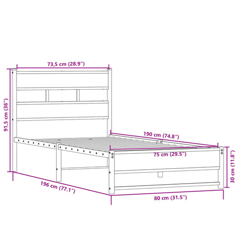 vidaXL Metal Bed Frame without Mattress Sonoma Oak 75x190 cm Small Single