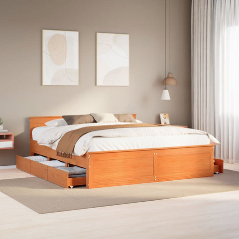 vidaXL Bed Frame without Mattress with Headboard Wax Brown 200x200 cm Solid Wood Pine