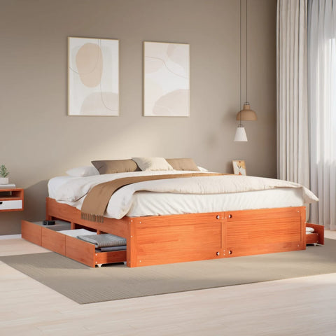 vidaXL Bed Frame without Mattress with Drawers Wax Brown 180x200 cm Super King Solid Wood Pine