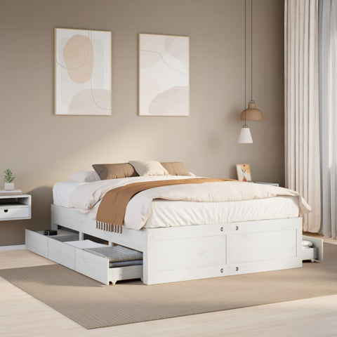 vidaXL Bed Frame without Mattress with Drawers White 150x200 cm King Size Solid Wood Pine