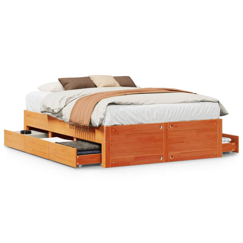vidaXL Bed Frame without Mattress with Drawers Wax Brown 150x200 cm King Size Solid Wood Pine