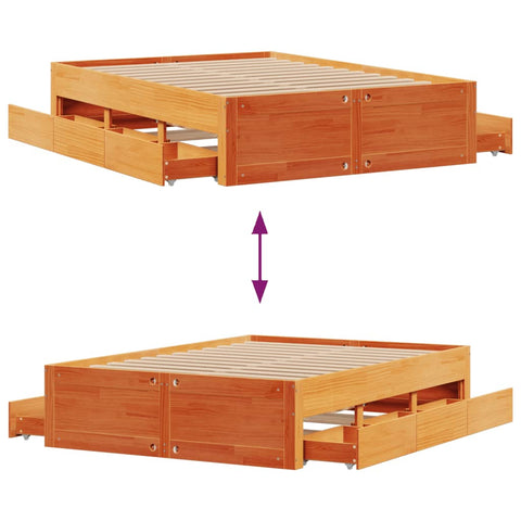 vidaXL Bed Frame without Mattress with Drawers Wax Brown 140x190 cm Solid Wood Pine
