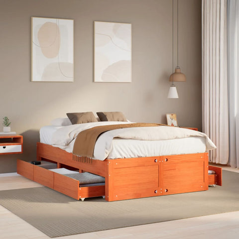 vidaXL Bed Frame without Mattress with Drawers Wax Brown 135x190 cm Double Solid Wood Pine