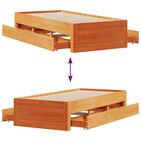 vidaXL Bed Frame without Mattress with Drawers Wax Brown 75x190 cm Small Single Solid Wood Pine
