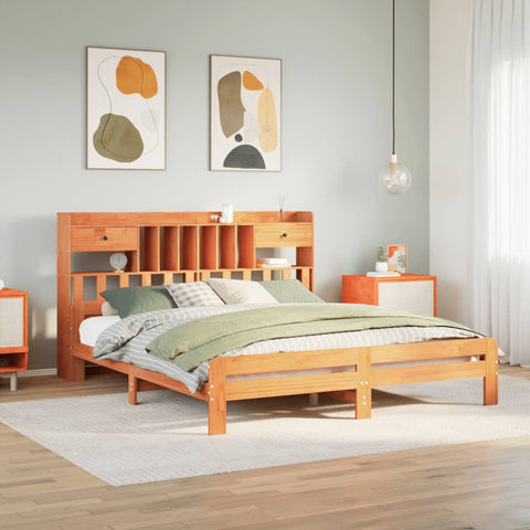 vidaXL Bookcase Bed without Mattress Wax Brown 200x200cm Solid Wood Pine