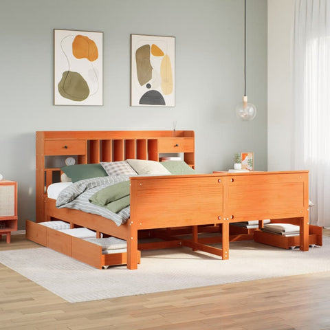 vidaXL Bookcase Bed without Mattress Wax Brown 200x200cm Solid Wood Pine