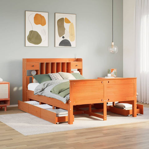 vidaXL Bookcase Bed without Mattress Wax Brown 140x190 cm Solid Wood Pine