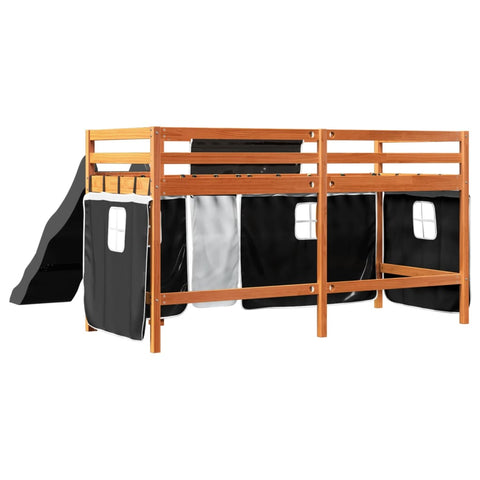 vidaXL Kids' Loft Bed with Curtains White&Black 80x200 cm Solid Wood Pine