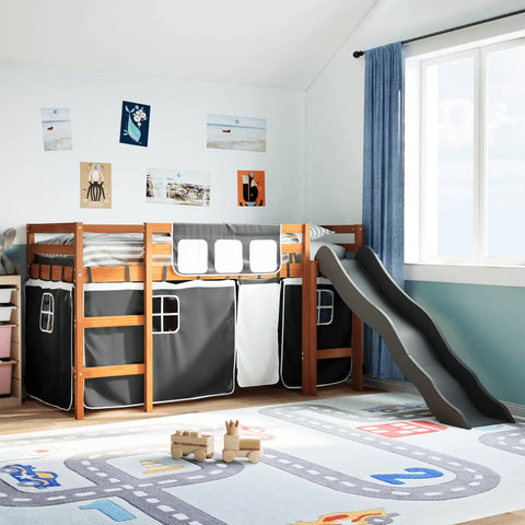 vidaXL Kids' Loft Bed with Curtains White&Black 80x200 cm Solid Wood Pine