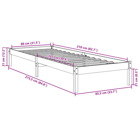vidaXL Extra Long Bed Frame without Mattress White 80x210 cm Solid Wood Pine