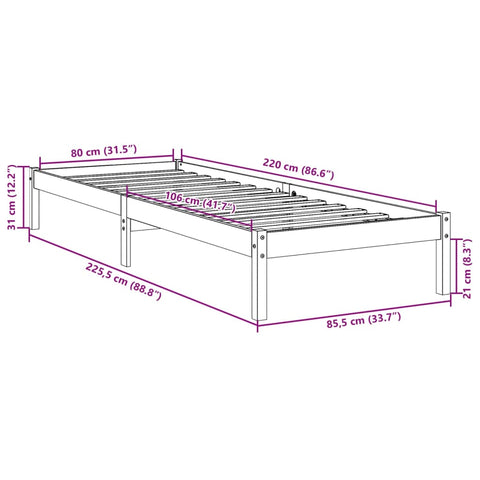 vidaXL Extra Long Bed Frame without Mattress White 80x220 cm Solid Wood Pine