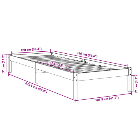 vidaXL Extra Long Bed Frame without Mattress White 100x220 cm Solid Wood Pine