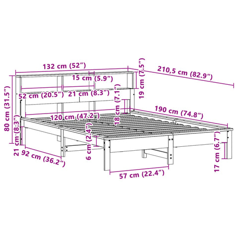 vidaXL Bookcase Bed without Mattress Wax Brown 120x190 cm Small Double Solid Wood Pine