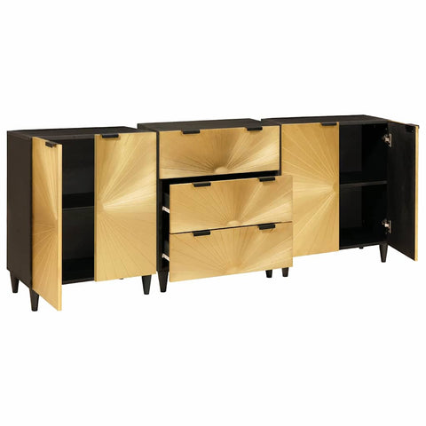 vidaXL Sideboard 3 pcs Black and Gold 60 x 33 x 75 cm Solid mango wood