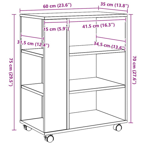 vidaXL Rolling Cabinet Artisan Oak 60x35x75 cm Engineered Wood
