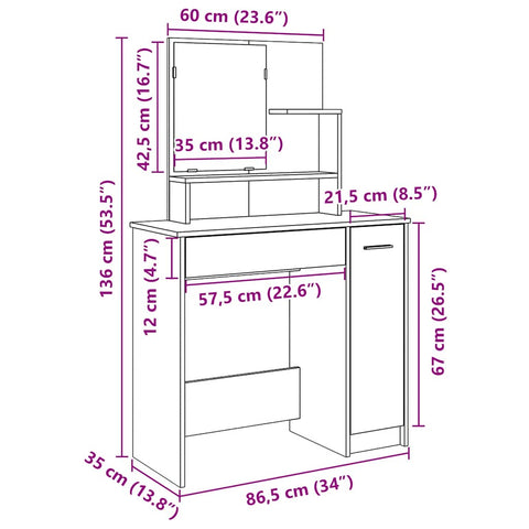 vidaXL Dressing Table with Mirror Old Wood 86.5x35x136 cm