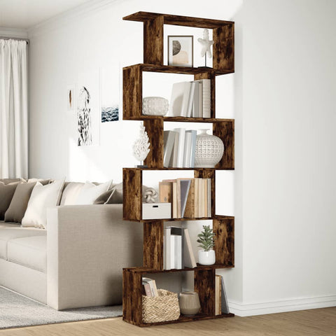 vidaXL Room Divider Bookcase 6-Tier Smoked Oak 70x24x193 cm Engineered Wood