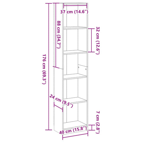 vidaXL Bookcase Artisian Oak 40x24x176 cm Engineered Wood