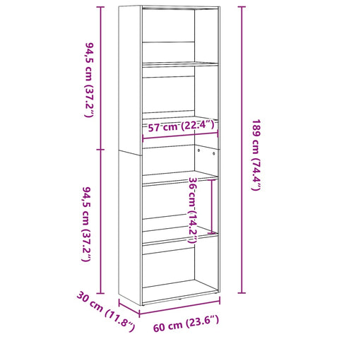 vidaXL Bookcase Brown Oak 60x30x189 cm Engineered Wood