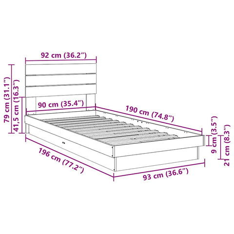 vidaXL Bed Frame with Headboard without Mattress 90x190 cm Single Solid Wood Oak