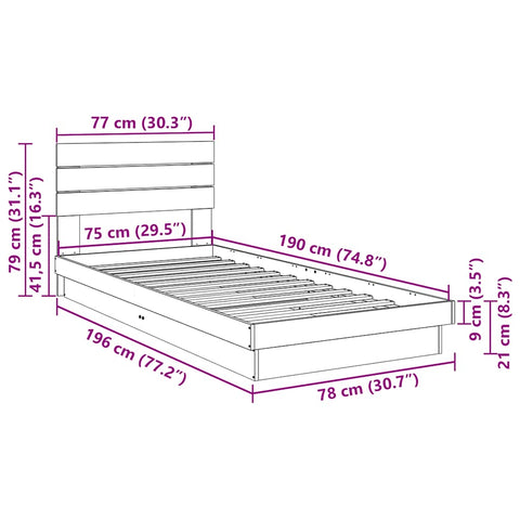 vidaXL Bed Frame with Headboard without Mattress 75x190 cm Small Single Solid Wood Oak