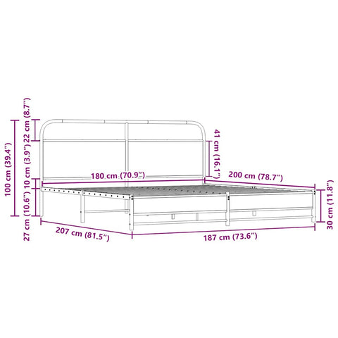 vidaXL Metal Bed Frame without Mattress Sonoma Oak 180x200 cm Super King
