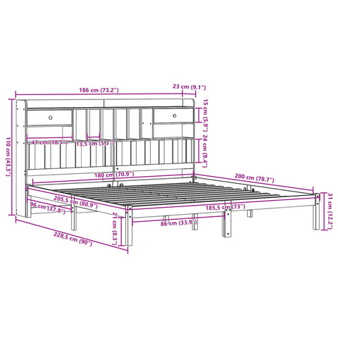 vidaXL Bookcase Bed without Mattress White 180x200 cm Super King Solid Wood Pine