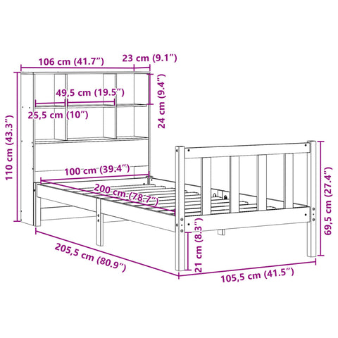 vidaXL Bookcase Bed without Mattress Wax Brown 100x200 cm Solid Wood Pine