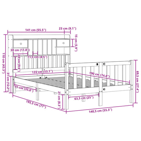 vidaXL Bookcase Bed without Mattress White 135x190 cm Double Solid Wood Pine