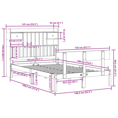 vidaXL Bookcase Bed without Mattress White 135x190 cm Double Solid Wood Pine