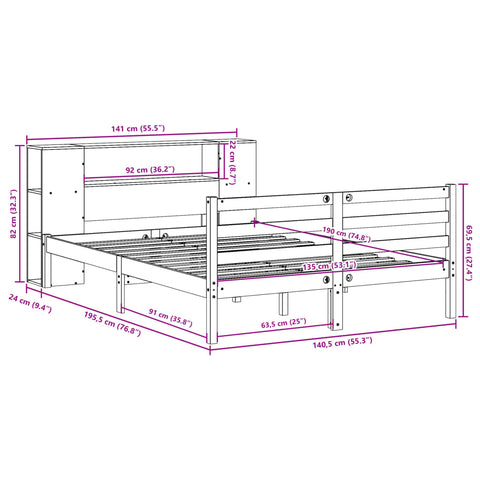 vidaXL Bookcase Bed without Mattress 135x190 cm Double Solid Wood Pine