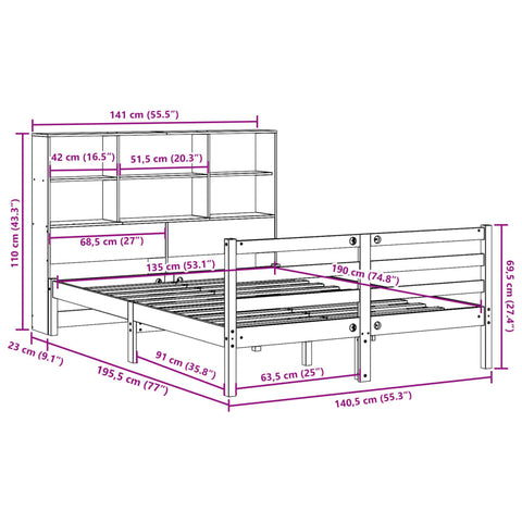 vidaXL Bookcase Bed without Mattress Wax Brown 135x190 cm Solid Wood