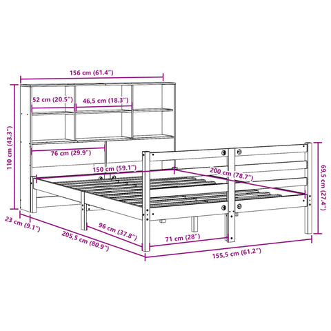vidaXL Bookcase Bed without Mattress Wax Brown 150x200 cm King Size Solid Wood