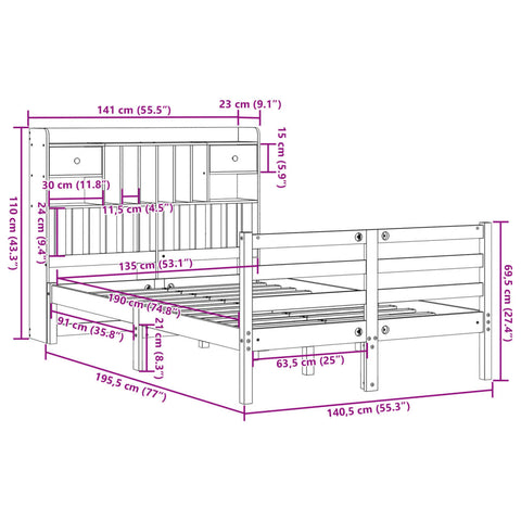 vidaXL Bookcase Bed without Mattress White 135x190 cm Doouble Solid Wood Pine