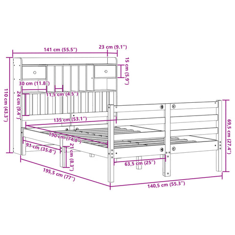 vidaXL Bookcase Bed without Mattress Wax Brown 135x190 cm Doouble Solid Wood Pine