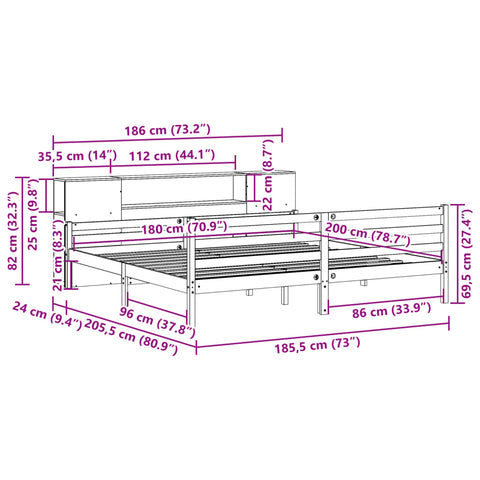 vidaXL Bookcase Bed without Mattress White 180x200 cm Super King Solid Wood Pine