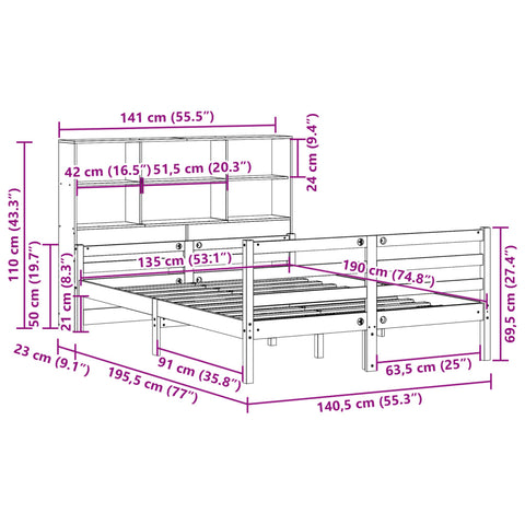 vidaXL Bookcase Bed without Mattress 135x190 cm Double Solid Wood Pine