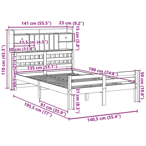 vidaXL Bookcase Bed without Mattress White 135x190 cm Double Solid Wood Pine