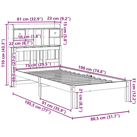 vidaXL Bookcase Bed without Mattress 75x190 cm Small Single Solid Wood Pine