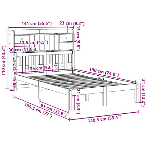 vidaXL Bookcase Bed without Mattress 135x190 cm Double Solid Wood Pine
