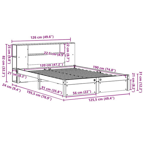 vidaXL Bookcase Bed without Mattress 120x190cm Small Double Solid Wood Pine