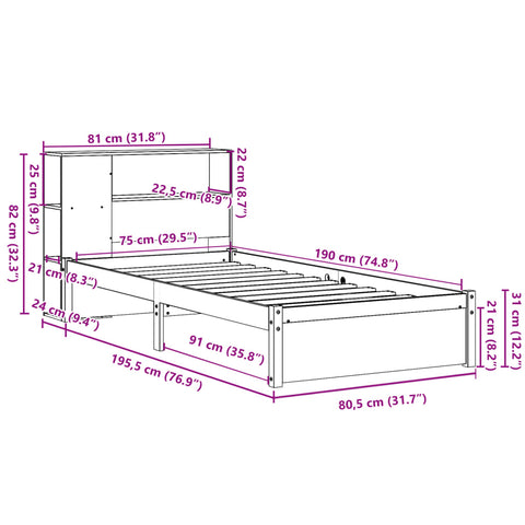 vidaXL Bookcase Bed without Mattress 75x190cm Small Single Solid Wood Pine