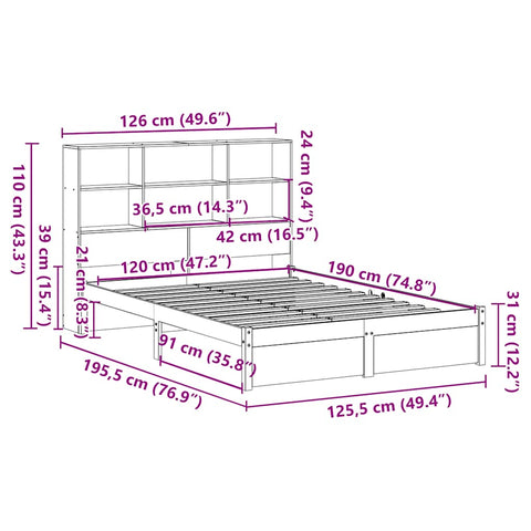vidaXL Bookcase Bed without Mattress 120x190cm Small Double Solid Wood Pine