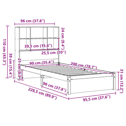 vidaXL Bookcase Bed without Mattress 90x200cm Solid Wood Pine