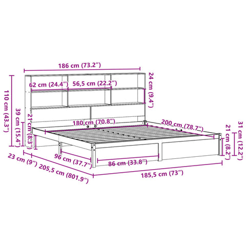 vidaXL Bookcase Bed without Mattress 180x200cm Super King Solid Wood Pine